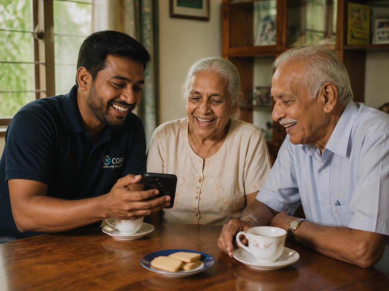 A Gedara coordinator sharing a phone screen with an elderly Sri Lankan couple over tea